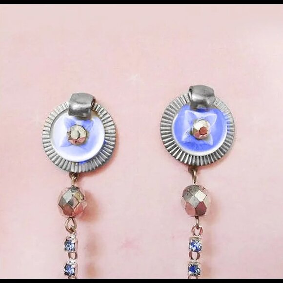 Long Chain dangle Earrings Light Blue Skinny Earring Set Recycled Vintage - Picture 4 of 10